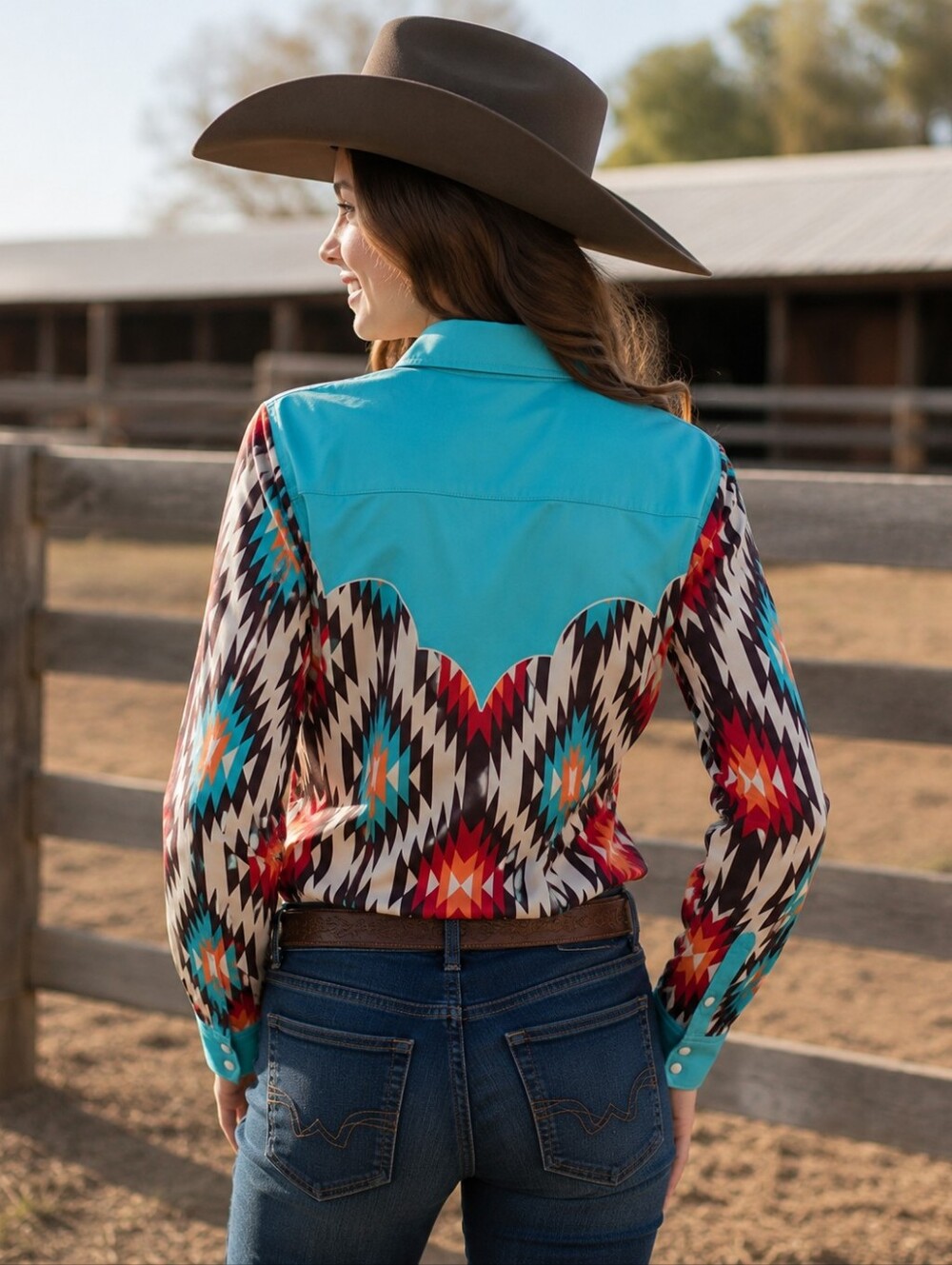 RANCH DRESS'N Fallon Taylor "HAYES" Teal & Southwest rodeo shirt youth sz L